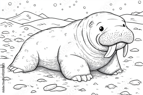 a children's coloring page depicting a cheerful walrus with tusks photo