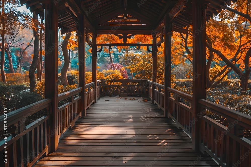 Wooden Bridge Pathway Through Autumn Leaves in Japanese Garden Wooden Bridge Pathway Through Autumn Leaves in Japanese Garden