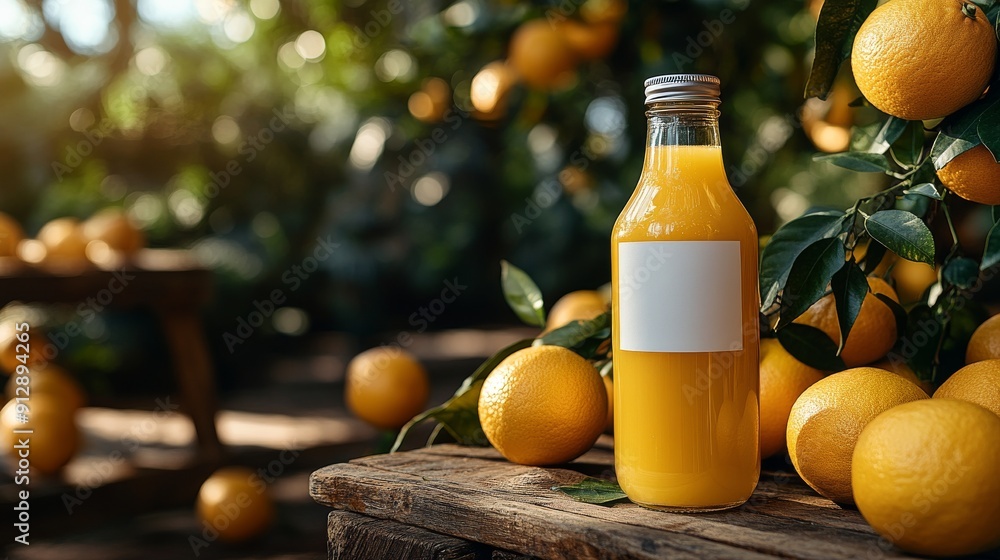 bottle of orange juice with a white label sitting on a picnic table, surrounded by fresh oranges and a sunny outdoor bottle of orange juice with a white label sitting on a picnic table, surrounded by fresh oranges and a sunny outdoor