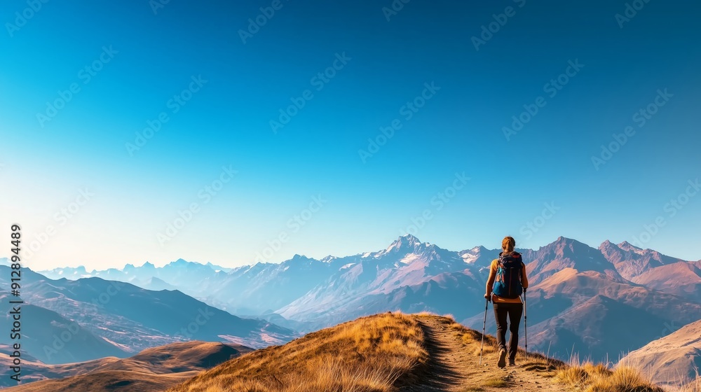Fototapeta premium A hiker exploring a scenic mountain trail, surrounded by the beauty of nature, with rugged mountains rising in the background.