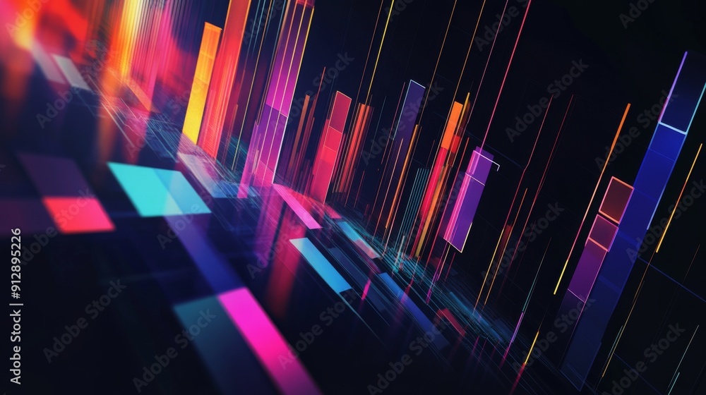 Colorful abstract 3D financial graph with intersecting lines and bars against a dark backdrop. Colorful abstract 3D financial graph with intersecting lines and bars against a dark backdrop.