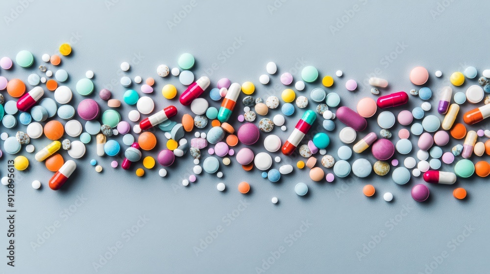 Colorful array of pills spilling onto a light grey backdrop, creating a visually appealing and lively composition. Colorful array of pills spilling onto a light grey backdrop, creating a visually appealing and lively composition.