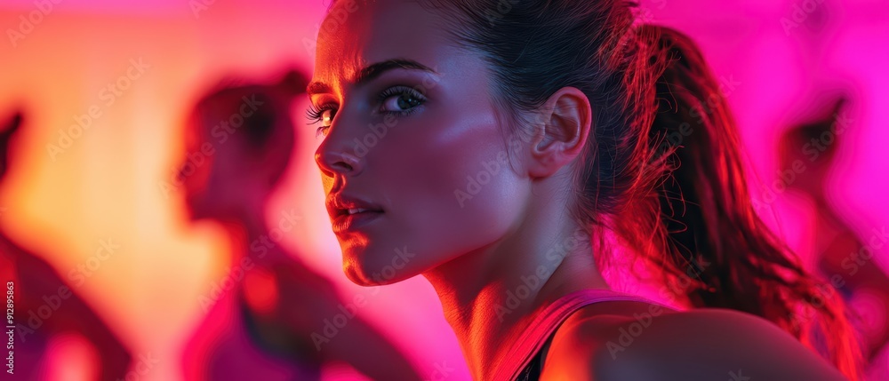 A fitness instructor leads an energetic group workout session in a brightly lit studio focus cover all object her movements synchronized with the participants creating a dynamic an A fitness instructor leads an energetic group workout session in a brightly lit studio focus cover all object her movements synchronized with the participants creating a dynamic an