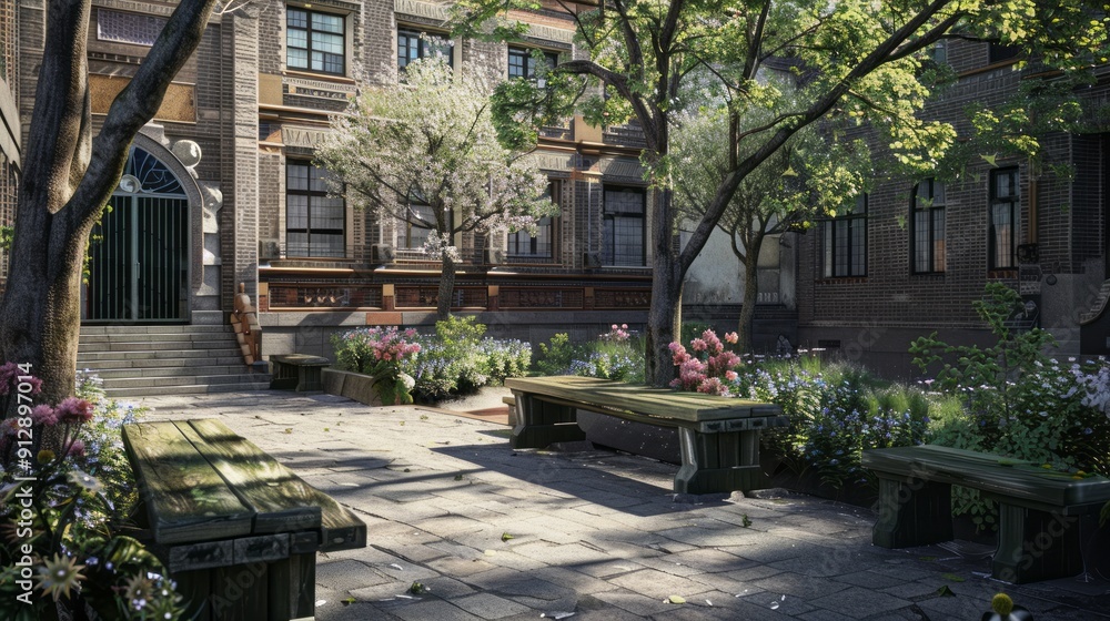 Obraz premium peaceful school courtyard with stone benches and flower arrangements
