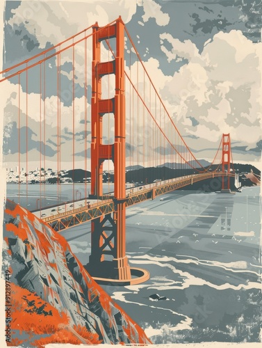 Illustrative view of the Golden Gate Bridge with dramatic clouds and scenic surroundings showcasing the iconic San Francisco structure in an artistic style.