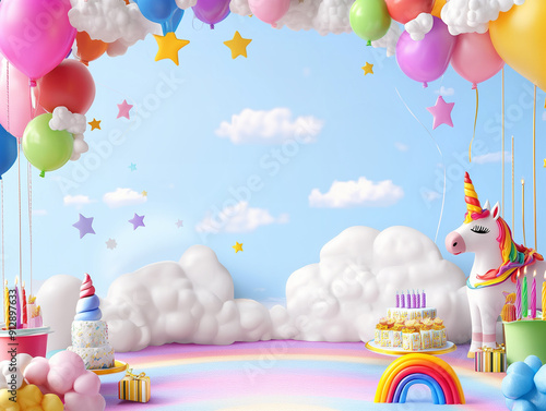 A vibrant 3D rainbow world birthday party background with rainbows, clouds, and unicorns, perfect for a colorful celebration. Empty copy space included for text. AI