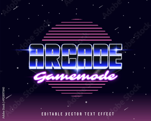 3D arcade game mode text effect. editable text style with sci-fi and neon glow light theme