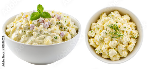 Obraz na płótnie Two white bowls filled with creamy potato salad. One bowl is garnished with herbs and bacon bits. Perfect for summer cookouts, potlucks, or deli menus. (Transparent PNG background) w salonie