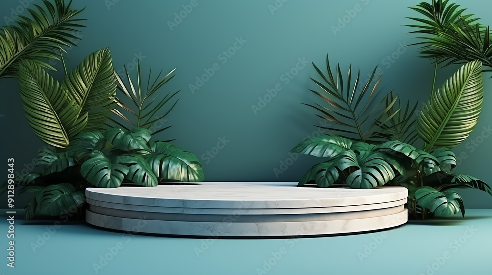 Minimalist podium with tropical plants on a blue background. Minimalist podium with tropical plants on a blue background.