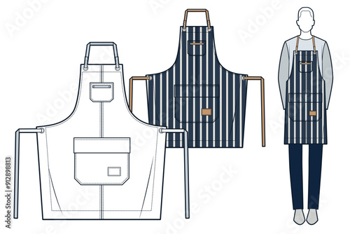 Uniform Apron technical fashion Illustration, striped design. Kitchen protective Apron fashion flat technical drawing template, white, blue, women, men, unisex CAD mockup set.