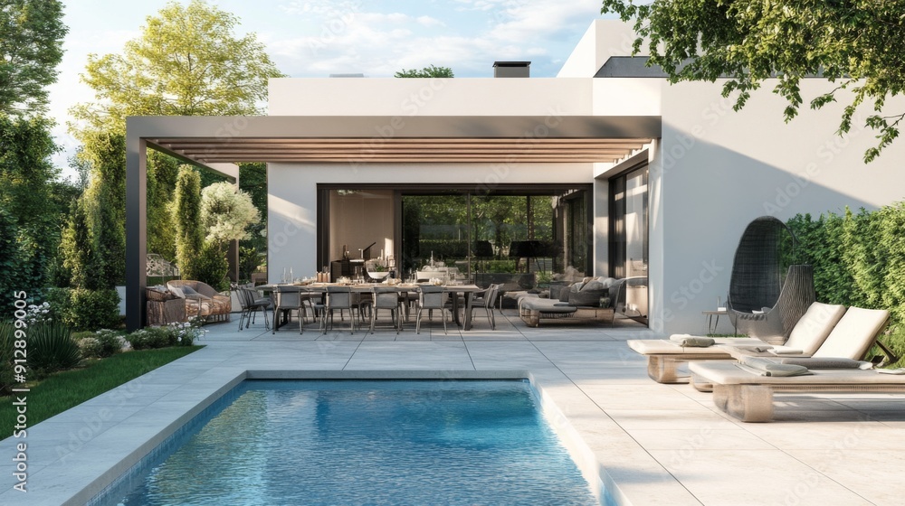 Fototapeta premium Contemporary house 3D visualization with an elegant pool area and outdoor dining space.