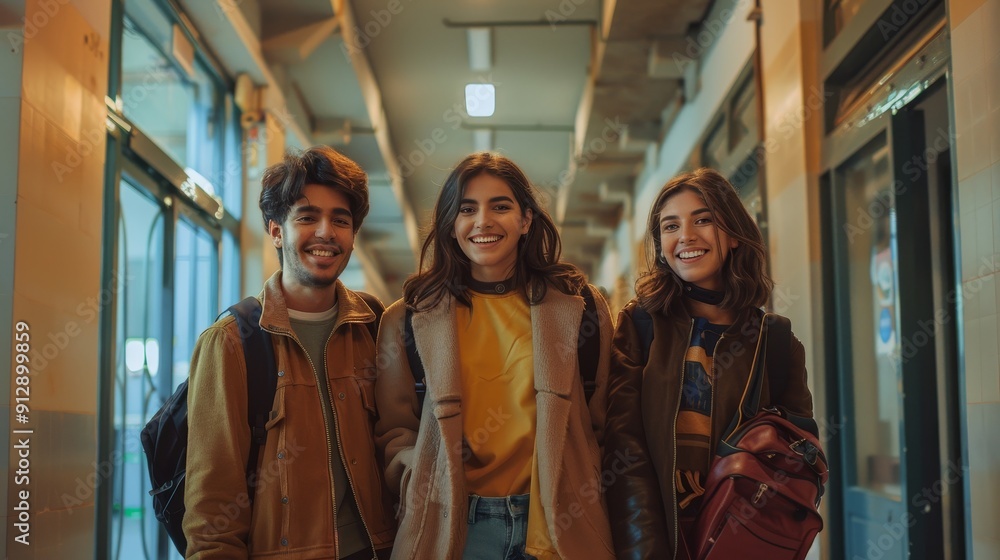 Three Young Adults Standing in a Corridor Three Young Adults Standing in a Corridor