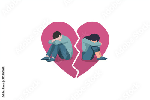 Sad man and woman with broken heart pieces Conflicts between husband-and-wife concept of Breakup relationship.
