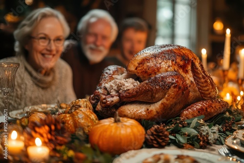 joyous family feast rustic farmhouse kitchen warm candlelight bountiful spread laughterfilled atmosphere goldenbrown turkey centerpiece photo