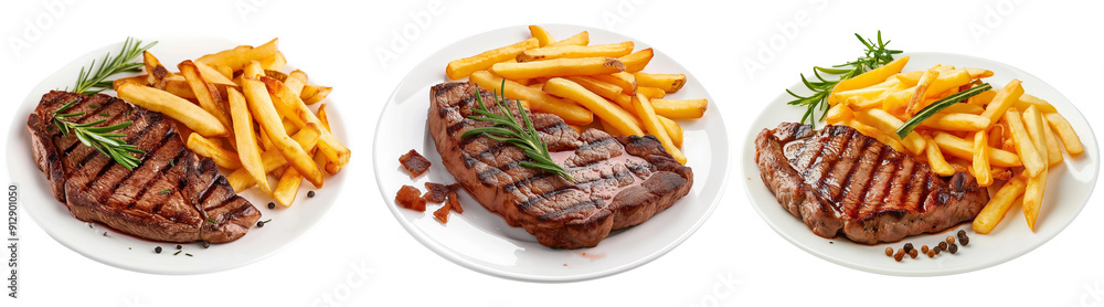 Grilled beef steak with french fries collage isolated on transparent background Grilled beef steak with french fries collage isolated on transparent background