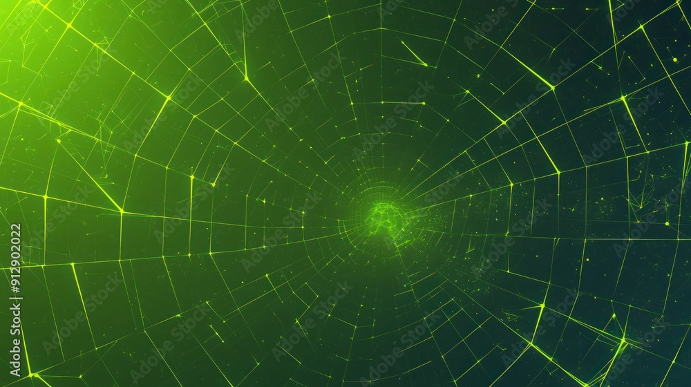 Obraz premium Green digital abstract spider web background with dark black hexagons, resembling carbon spheres, displayed on a cinematic background