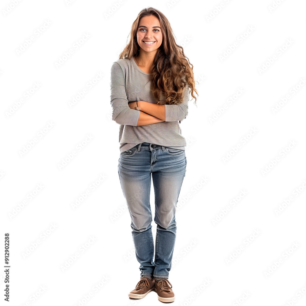 Young woman with long brown hair smiling while standing with her arms crossed