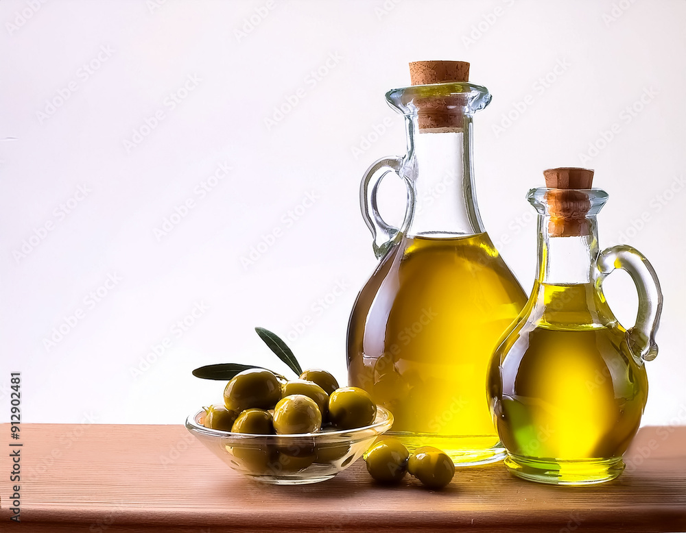 Freshly Harvested Olive Oil in Glass Containers on Wooden Bench Freshly Harvested Olive Oil in Glass Containers on Wooden Bench