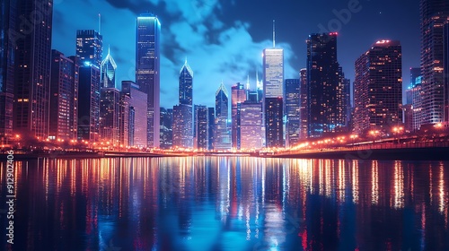 Nighttime cityscape with skyscrapers reflecting in a calm body of water.