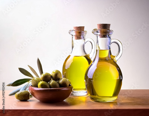 Freshly Harvested Olive Oil in Glass Containers on Wooden Bench