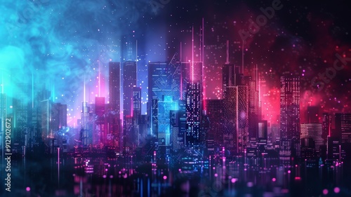 cityscape with space and neon light effect. Modern hi-tech, science, futuristic technology concept. Abstract digital high tech city design for banner background