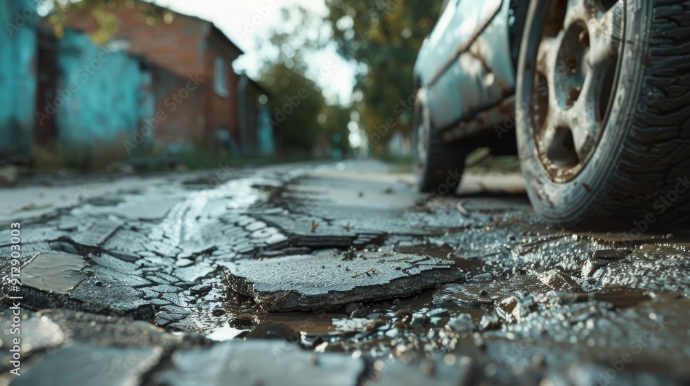 car wheels running and closed up Very bad quality street with potholes. have tree. Damaged asphalt pavement road with potholes in city, dangerous, broken, garage . car wheels running and closed up Very bad quality street with potholes. have tree. Damaged asphalt pavement road with potholes in city, dangerous, broken, garage .