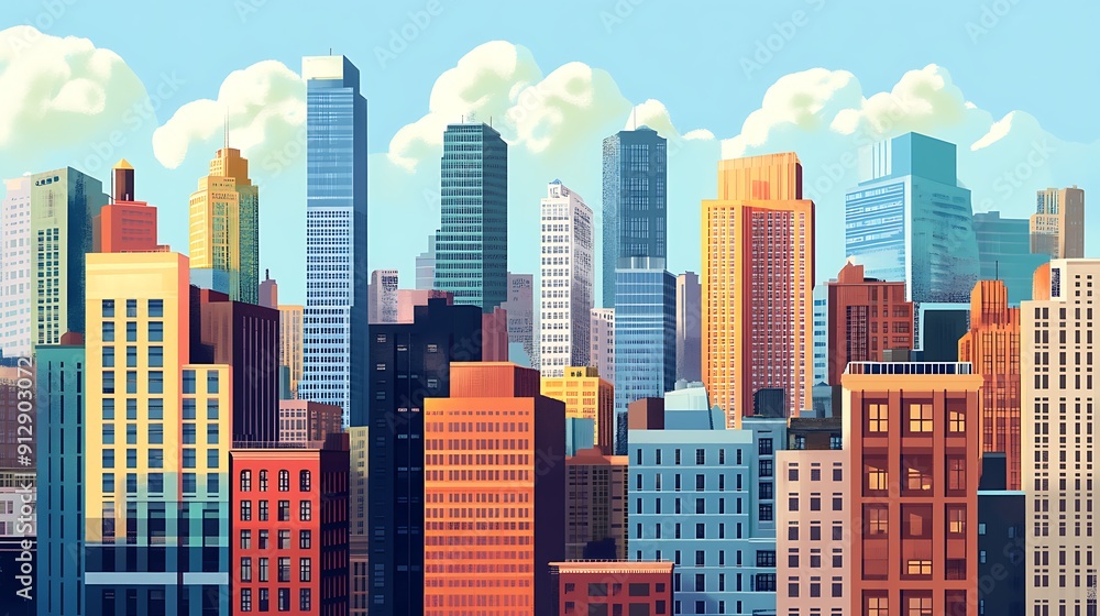A Colorful Cityscape with Tall Buildings and Fluffy Clouds A Colorful Cityscape with Tall Buildings and Fluffy Clouds