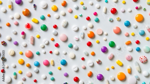 Diverse mix of colorful pills cascading onto a light grey backdrop, forming a vibrant and visually striking scene.