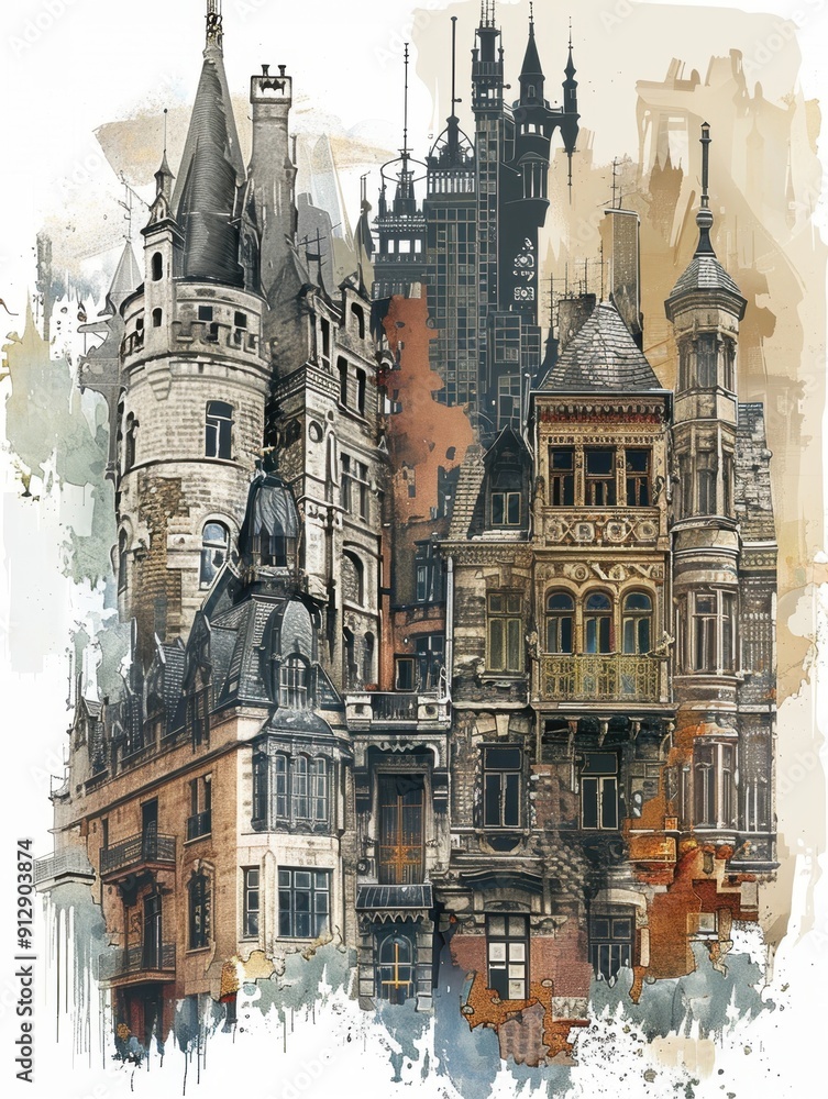 Fototapeta premium A digital artwork depicting an eclectic mix of gothic and modern buildings showcasing intricate architectural details.