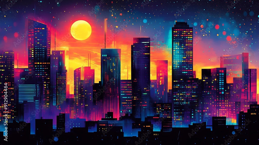 A City Skyline with Brightly Lit Windows and a Large Yellow Moon in the Sky A City Skyline with Brightly Lit Windows and a Large Yellow Moon in the Sky