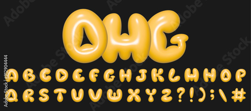 Yellow playful alphabet in Y2K style. 3D rendering of plump letters, plastic glossy reflective texture. Vector illustration.