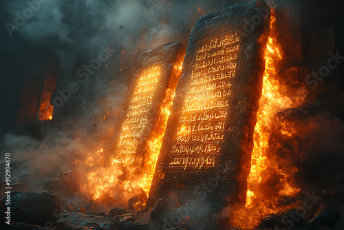 stone tablets with commandments. According to the Bible, these commandments were given by God to Moses on Mount Sinai	
