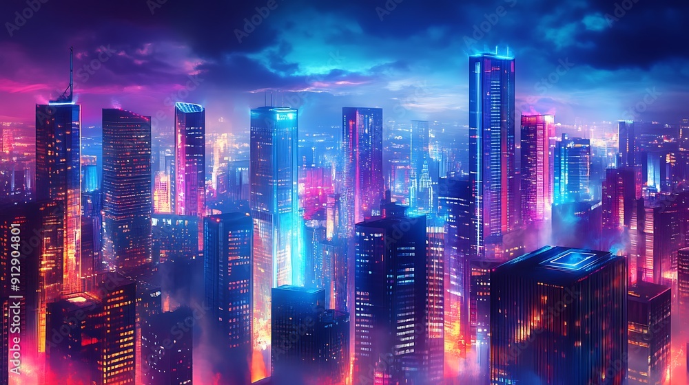 Neon-Lit Skyscrapers in a Futuristic Cityscape at Night Neon-Lit Skyscrapers in a Futuristic Cityscape at Night
