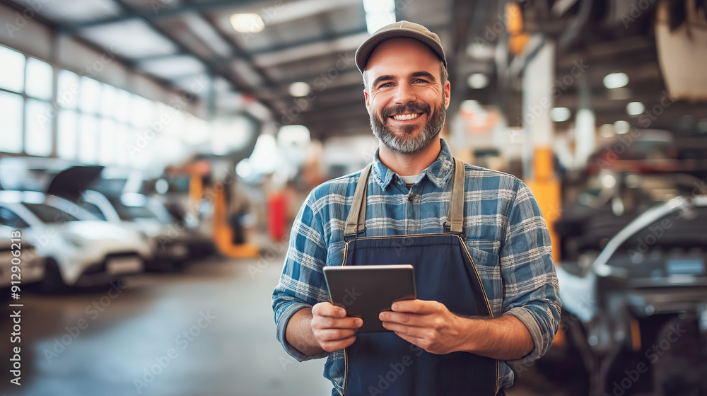 Cheerful mechanic stands in a bustling automobile workshop, holding a tablet in hand. The environment is filled with cars and equipment, highlighting the dynamic nature of the automotive industry. The Cheerful mechanic stands in a bustling automobile workshop, holding a tablet in hand. The environment is filled with cars and equipment, highlighting the dynamic nature of the automotive industry. The