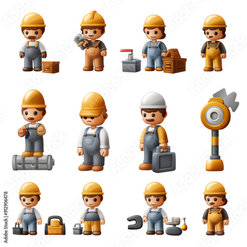 Set of Worker Icons with Occupation and Equipment White Isolated on Transparent or White Background, PNG