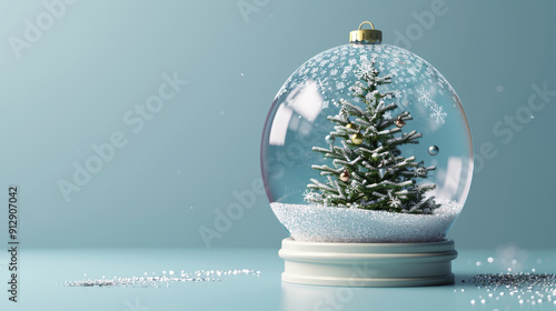 Christmas tree manifested with light balls in a spherical glass against a light blue background 