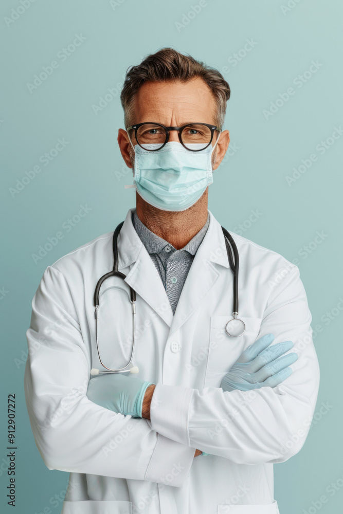 A doctor wearing a mask and gloves, showing healthcare hygiene standards A doctor wearing a mask and gloves, showing healthcare hygiene standards