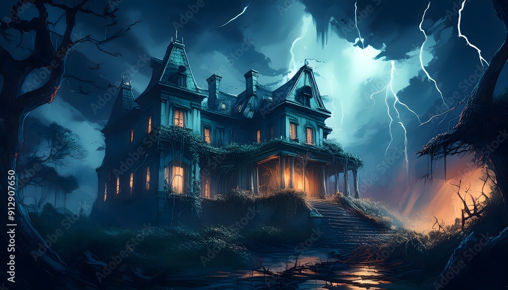 A creepy background depicting a dilapidated mansion on a stormy night, A creepy background depicting a dilapidated mansion on a stormy night,