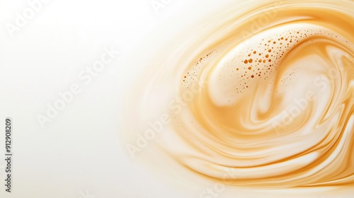 Close-up of coffee with milk and foam, creating swirling patterns.