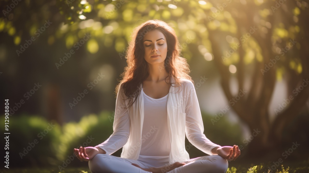 Beautiful woman meditating in a cross-legged position in nature Beautiful woman meditating in a cross-legged position in nature