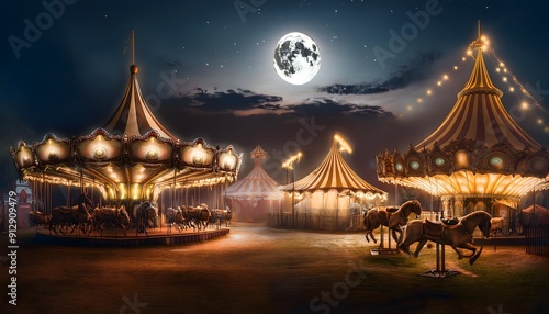 A creepy, desolate carnival at night, with rusting rides and tattered tents 