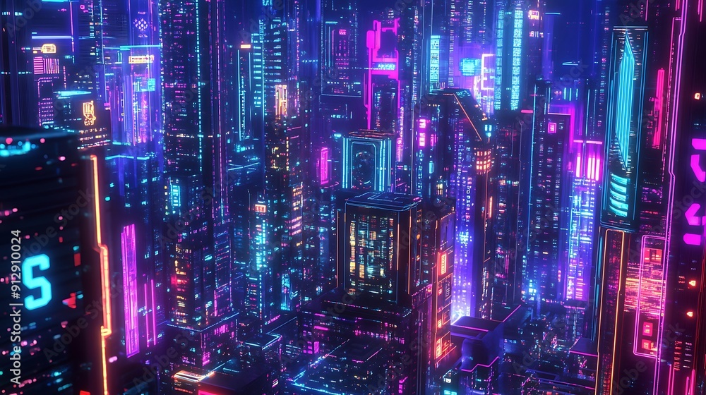 Obraz premium Neon-Lit Futuristic Cityscape with Glowing Towers