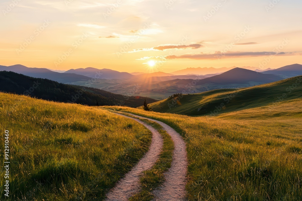 Picture a wonderful landscape where a sunlit path winds through a panoramic view of rolling hills in the warmth of a summer sunset the golden light effect bathes everything in a se Picture a wonderful landscape where a sunlit path winds through a panoramic view of rolling hills in the warmth of a summer sunset the golden light effect bathes everything in a se