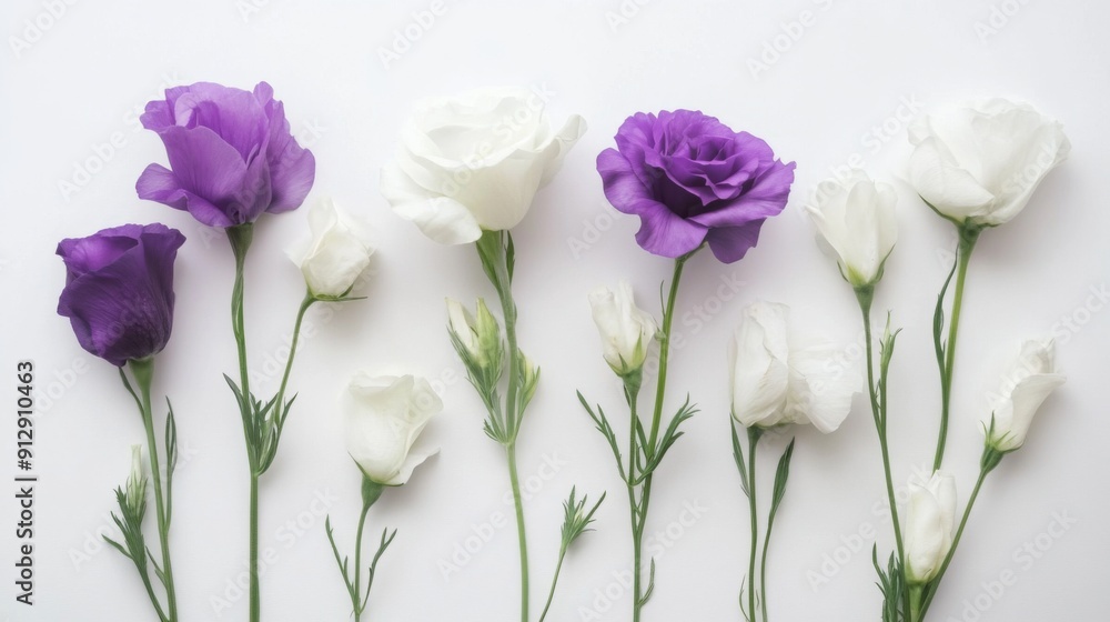 Fototapeta premium Elegant composition of white and purple eustoma flowers on a white background, arranged to emphasize their grace.