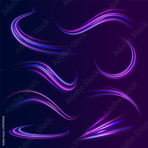 light road in the form of a swirl, neon color. Trendy geometric neon collage for speed movement. Abstract technology light lines background 3d.