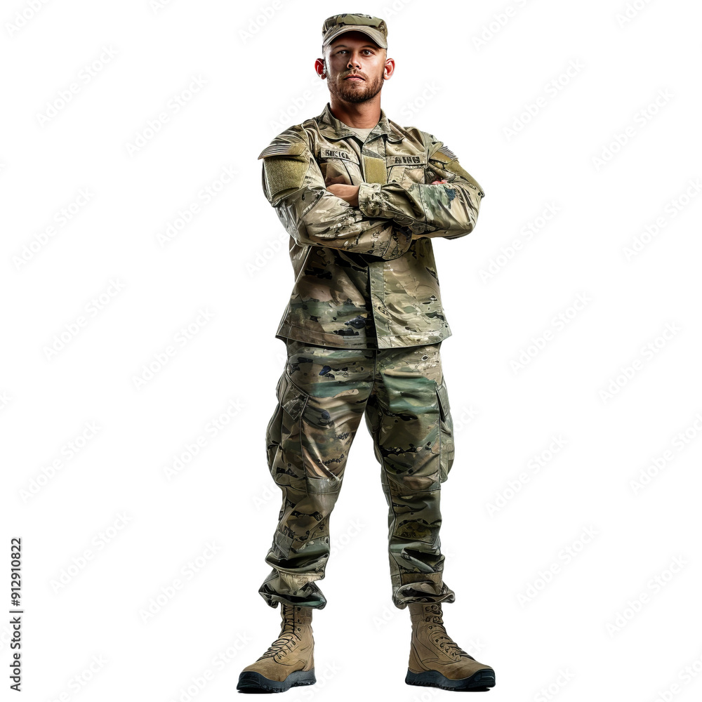 Caucasian soldier is standing with his arms crossed wearing camouflage army fatigues and boots Caucasian soldier is standing with his arms crossed wearing camouflage army fatigues and boots