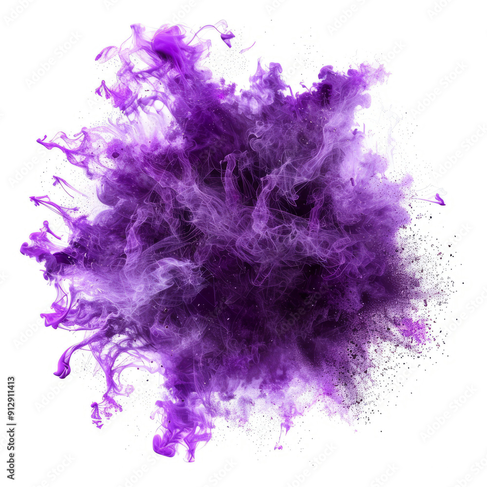 Fototapeta premium Mystical purple light explosion, symbolizing a sorcerer's power, vividly isolated on a white backdrop