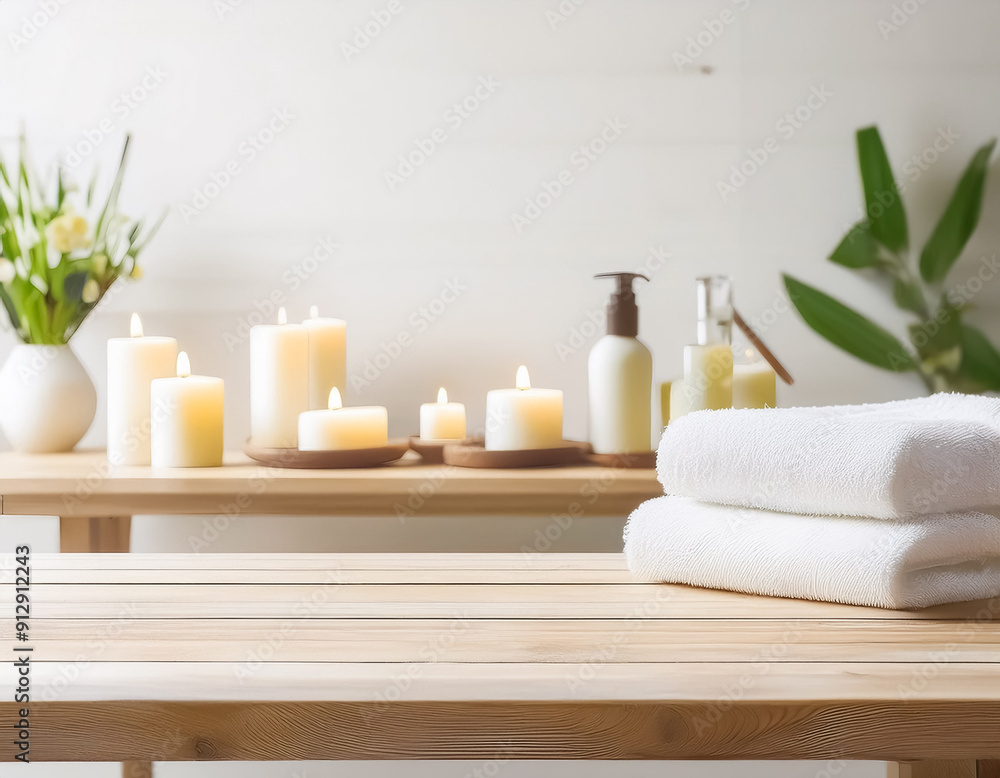 Relaxation Station Wooden Table with Spa Products in Blurred Background Relaxation Station Wooden Table with Spa Products in Blurred Background
