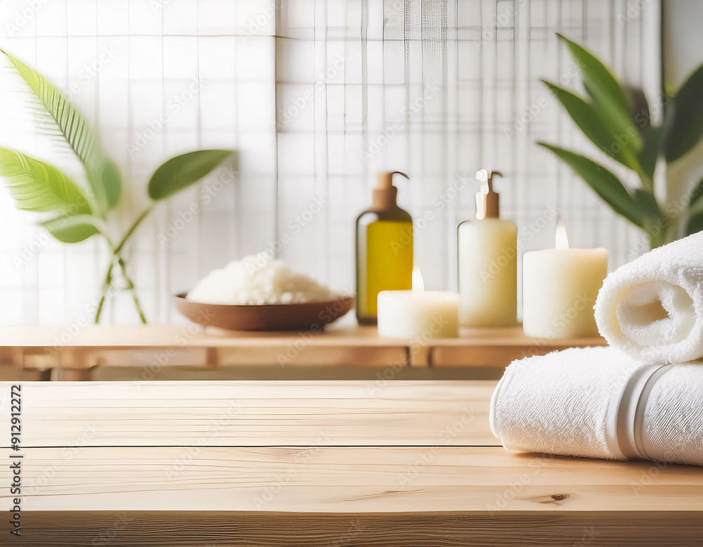 Relaxation Station Wooden Table with Spa Products in Blurred Background Relaxation Station Wooden Table with Spa Products in Blurred Background