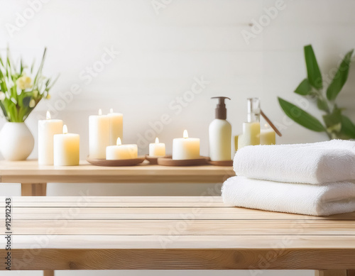 Relaxation Station Wooden Table with Spa Products in Blurred Background